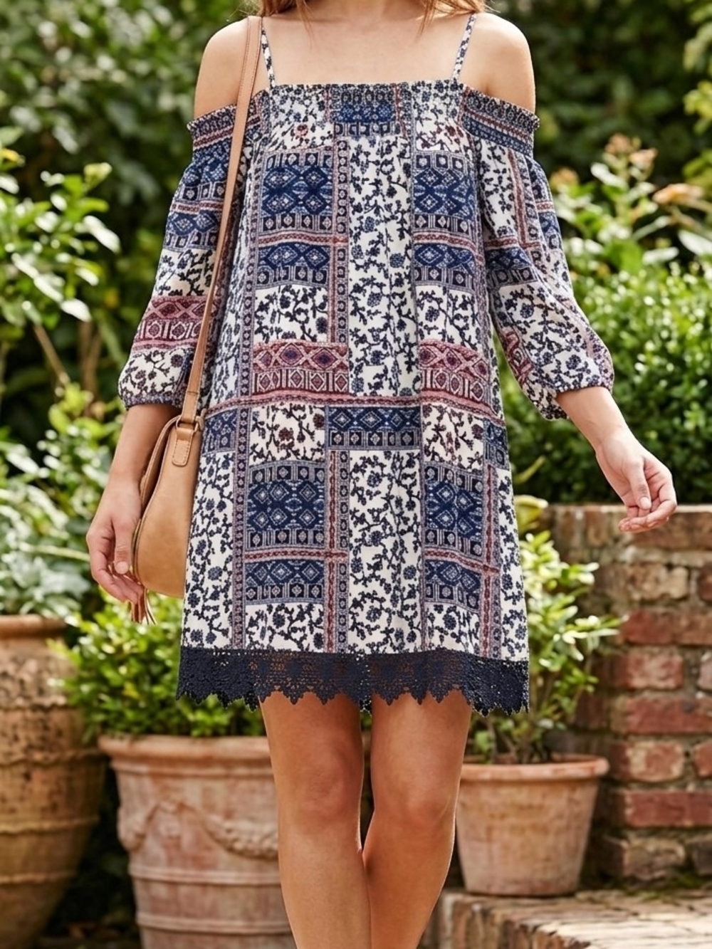 Next Question Printed Cold-Shoulder Mini Dress Large